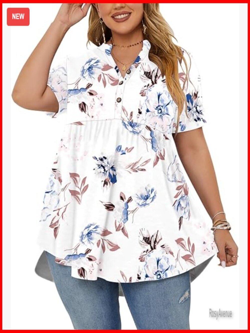Plus Size Henley V Neck Short Sleeve Tunic Top Blouse